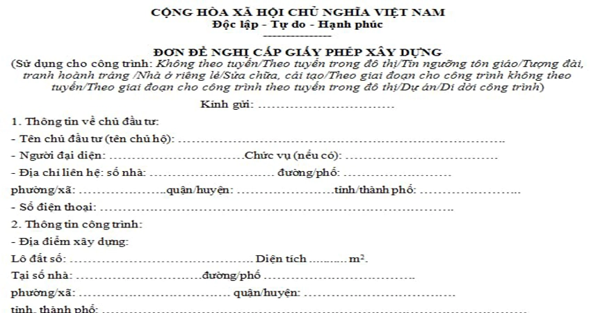 Đơn đề nghị cấp phép xây dựng nhà xưởng sản xuất