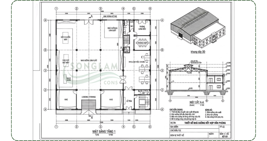 Bản vẽ nhà xưởng kết hợp văn phòng