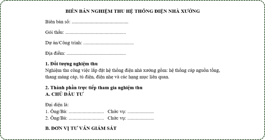 [Tải file] Biên bản nghiệm thu hệ thống điện nhà xưởng