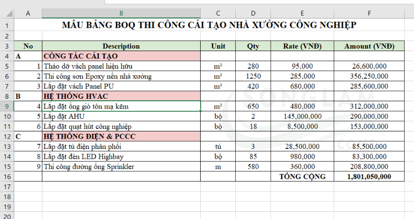 Tham khảo mẫu bảng tính BOQ